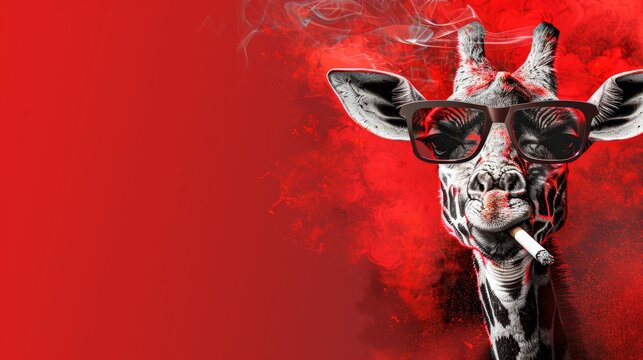   A giraffe wearing sunglasses and holding a cigarette
