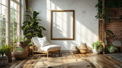A white room with a large picture frame and a white chair. The room is filled with plants and has a natural, calming atmosphere - obrazy, fototapety, plakaty