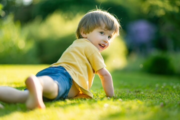 Adorable little boy having fun outdoors on sunny summer day. Kid running outdoors. Child exploring nature. Summer activities for small kids.