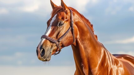   A brown horse wearing a bridle stands before a cloud-studded, blue sky