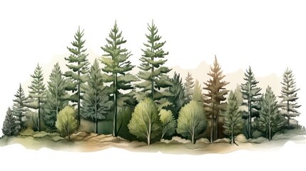 Illustration featuring tall pine trees against a white background