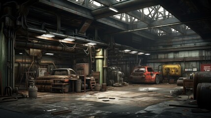 Interior of an industrial vehicle repair station.