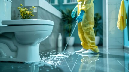 Professional cleaner disinfecting a modern toilet with gloves on
