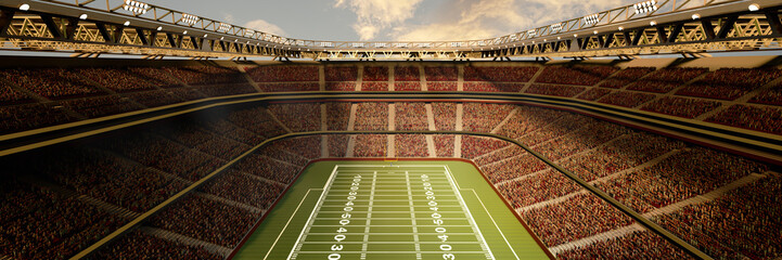 Aerial view of 3D render American football stadium with blurred tribunes with fans, empty arena. Daytime open air match. Concept of professional sport, event, tournament, game, championship