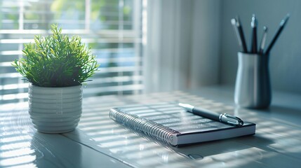 Closeup of a clean diary, a pen next to it and a small pot with a green flower on the table - Powered by Adobe