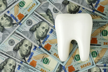 Concept expensive dentistry or dental insurance. Tooth model and money bills background
