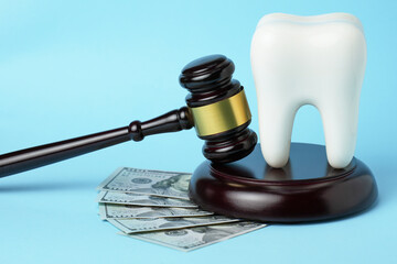 White tooth model with money and judge gavel on blue background with copy space