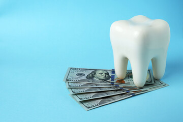 Dollar money bills and tooth model on a bluebackgound with copy space - 794896976