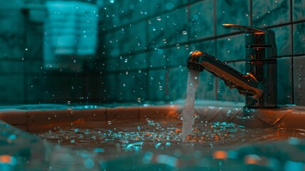   A tight shot of a faucet dispensing water, against a backdrop of tiled wall