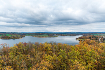 View from Mosenturm above Pohl dam in Saxony during autumn