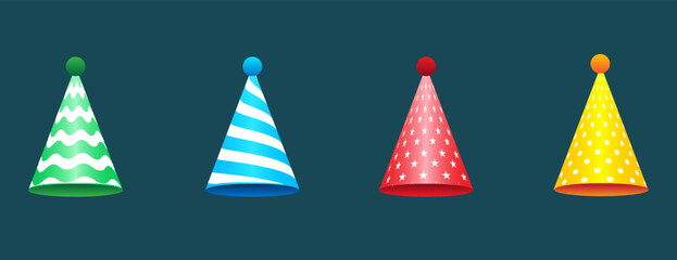 colorful birthday hat set for greeting card, birthday card or invitation. vector illustration