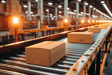 Blank packages conveyor belt on the warehouse.