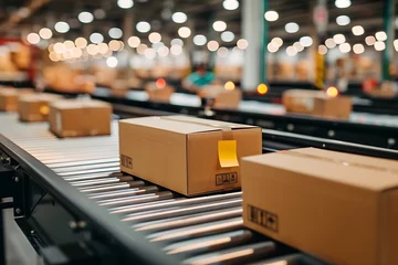 Foto op Plexiglas Blank packages conveyor belt on the warehouse. © DYNECREATIVE
