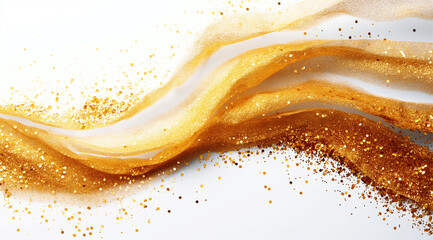 Abstract gold particle and luxury wave pattern on white background. 3D illustration.	