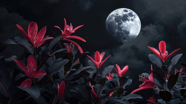Elegant Design Background with Flowers and Night Sky. Night-Time Wallpaper with Full Moon.