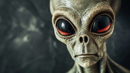   A tight shot of an alien, its red eyes intensely staring and expression eerie, set against a backdrop of ominous smoke