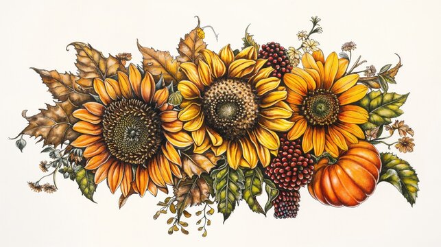 Sunflower Illustration with Beautiful Floral Blooms. Autumn Design Elements.
