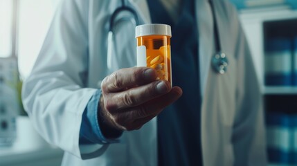 Close-up of a doctor's hand holding a prescription bottle