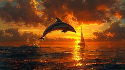 Picture of a dolphin jumping over a sailboat at sunset © Jordi