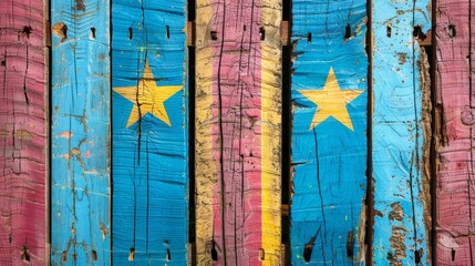   A tight shot of a wooden fence adorned with Venezuela's flag colors