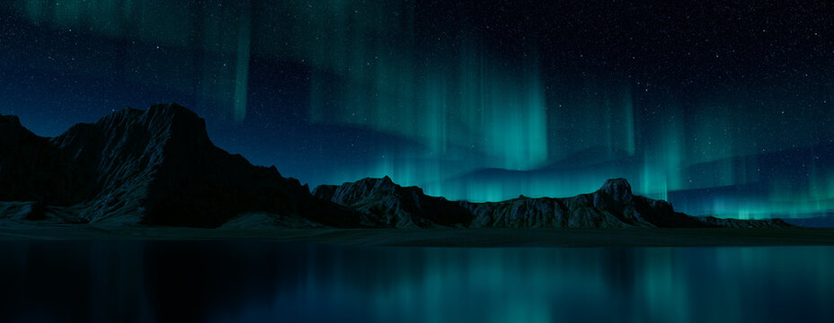 Green Aurora Borealis over Rugged Terrain. Magical Northern Lights Background with copy-space.
