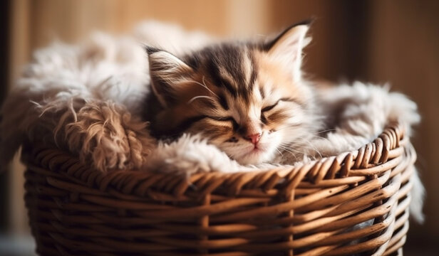 A fluffy kitten curled up asleep in a cozy basket lined with soft blankets.