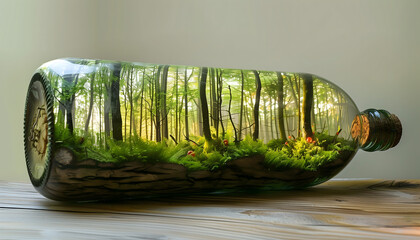Concept of a glass bottle on a wooden table. Inside the bottle is an illustration of a lush green forest 