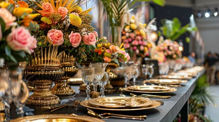 Fototapeta premium Elegant dinner table at a hall,golden plates and cutlery arranged on the long black tabletop.