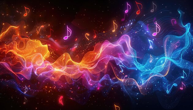 A colorful, swirling line of musical notes by AI generated image