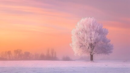 Solitary Frosty Tree Silhouetted Against a Dreamy Pastel Sky at Dusk in a Snowy Winter Landscape