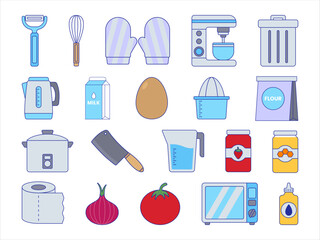 Cooking Elements Illustration Collection: A collection of colorful illustrations depicting various cooking elements such as ingredients and cutlery.