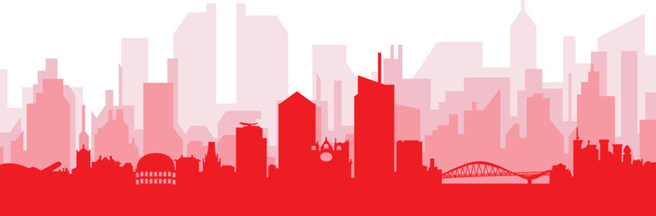 Red panoramic city skyline poster with reddish misty transparent background buildings of LYON, FRANCE