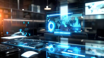 Futuristic data analysis dashboard with interactive global maps and graphs