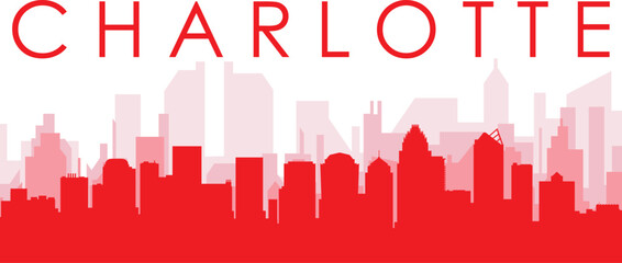 Red panoramic city skyline poster with reddish misty transparent background buildings of CHARLOTTE, UNITED STATES