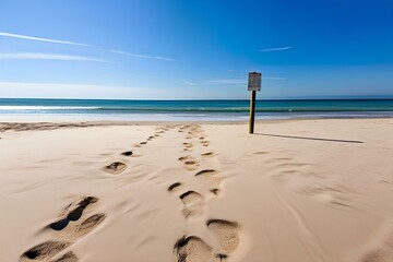 foot prints on a concrete floor leading to the beach direction as a directional sign.