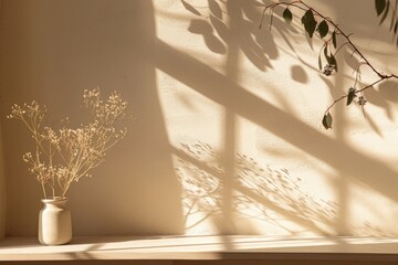 A white vase containing a plant placed on a shelf against a beige backdrop, showcasing the play of light and shadow