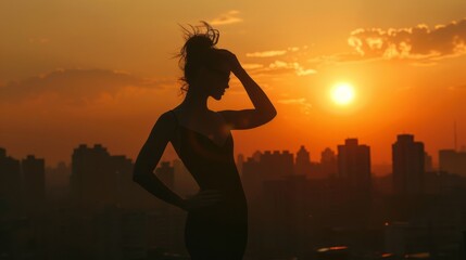 Fototapeta premium Fashionable young woman posing against a city skyline