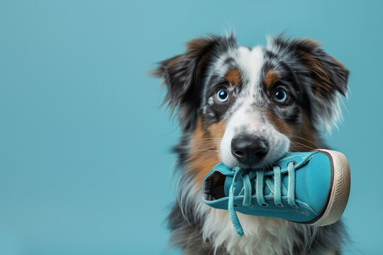 Dog with shoe in its mouth. Australian Shepherd Puppy chewing sneakers on blue color background. Happy dog eating, bite a sneaker playing, destroying it. Playful pet. Training of funny naughty dog