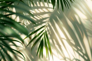 Detailed view of palm tree leaves against a light cream wall, showcasing textures and shadows