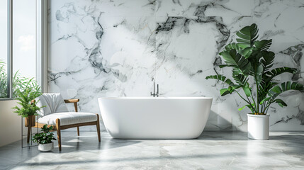 A bathroom with a white bathtub and a potted plant. The room is clean and well-lit, giving it a modern and sophisticated feel