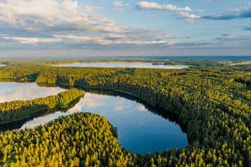 Scenic aerial view of Sciuro Ragas peninsula, separating White Lakajai and Black Lakajai lakes. Picturesque landscape of lakes and forests of Labanoras Regional Park, Lithuania.