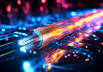 Fiber Optic Cable Tech Background - 3D Fiber Optics Lines, Futuristic Glowing Network, Data Transmission Concept