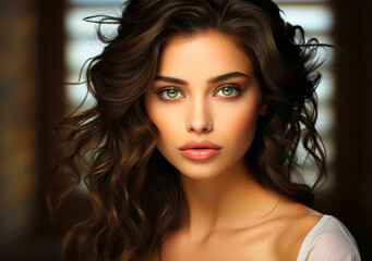 Fototapeta premium Youthful Brunette Model with Natural Makeup and Healthy Glowing Skin Posing in Studio - Beauty, Cosmetic Concept