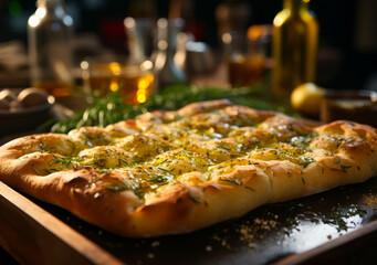 Freshly Baked Italian Focaccia Bread Topped with Aromatic Rosemary and Garlic - Authentic Rustic Flat Bread