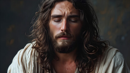 Sorrowful Savior Jesus in Pastel Backdrop, Pastel Grief Depiction of Sorrowful Jesus, Mournful Messiah Jesus Against a Pastel Background, Pastel Sorrow Depiction of Jesus in Grief