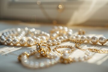 A close-up shot of a cluster of pearls arranged elegantly on a light-colored surface