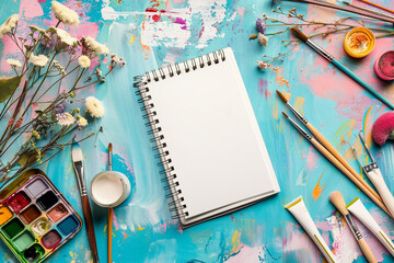 Colorful Artistic Workspace with Blank Sketchbook