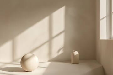 Fototapeta na wymiar A white vase is placed on the floor next to a window, set against a gentle light beige background