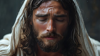 Sorrowful Savior Jesus in Pastel Backdrop, Pastel Grief Depiction of Sorrowful Jesus, Mournful Messiah Jesus Against a Pastel Background, Pastel Sorrow Depiction of Jesus in Grief