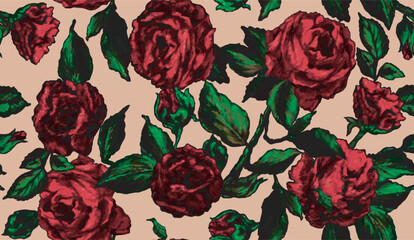 Elegant red roses seamless vector pattern